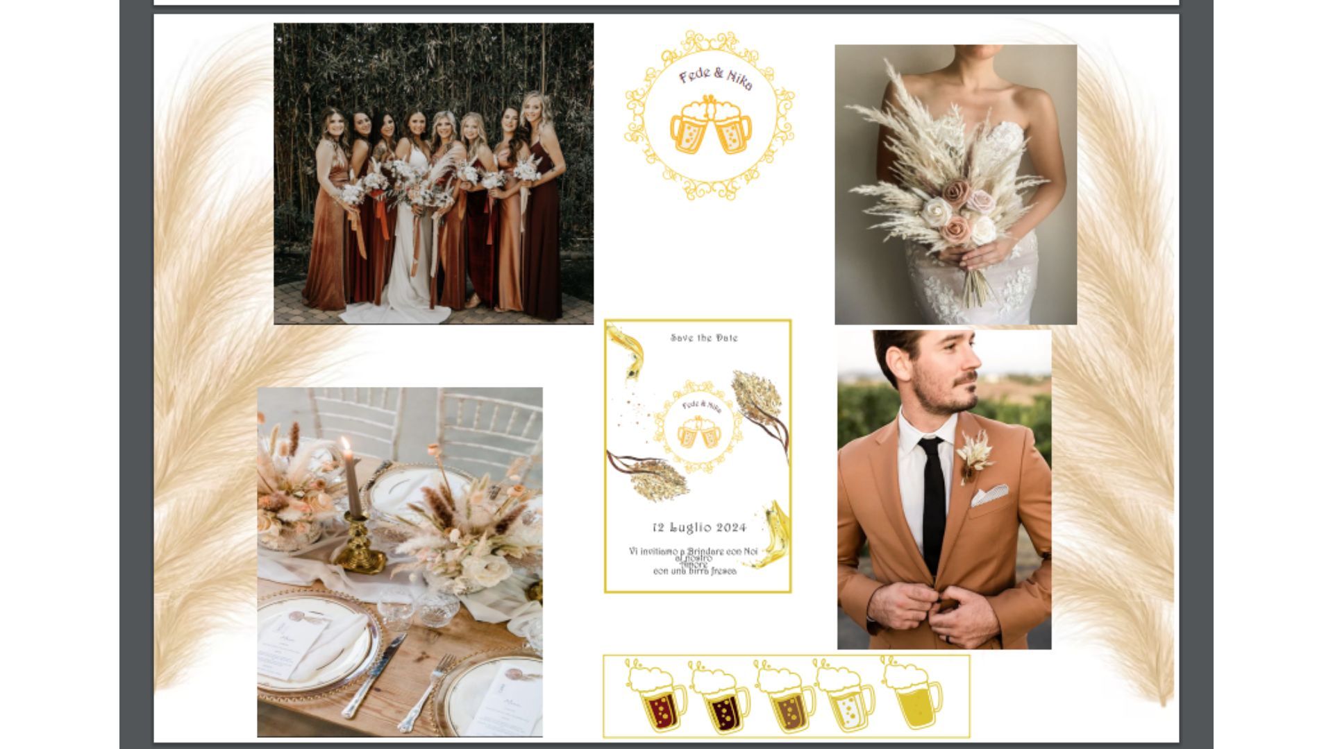 Mood board: tema del matrimonio con damigelle, composizioni floreali, sposo e apparecchiatura della tavola nei toni della terra.