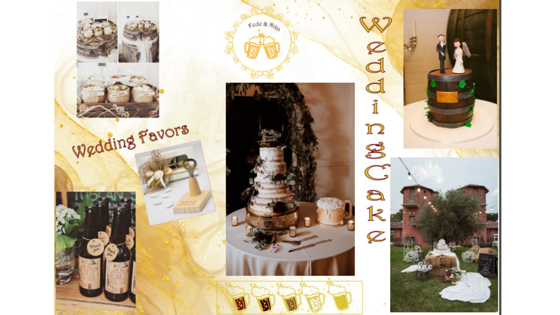 Collage di torte nuziali e bomboniere, con torte, bottiglie, decorazioni e una coppia.