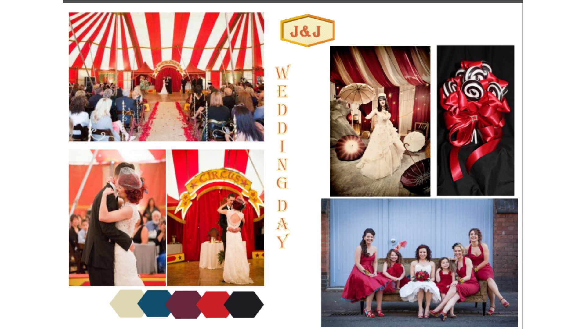 Mood board per matrimonio: tema circense rosso e bianco. Cerimonia e ricevimento, bouquet, damigelle, palette di colori.