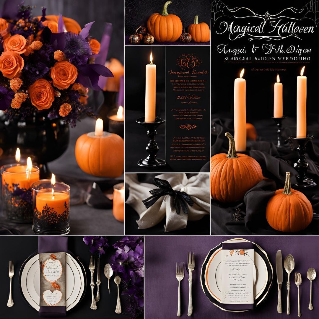 Collage a tema Halloween: zucche, candele, fiori, combinazione di colori nero e arancione, apparecchiatura per un matrimonio.