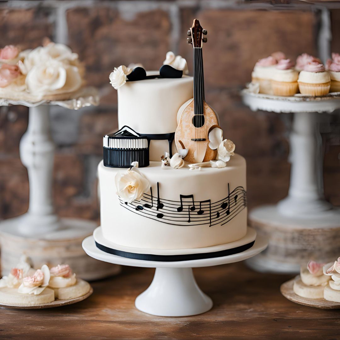 Torta a due piani con note musicali e un ukulele. Cupcake e fiori su alzatine.