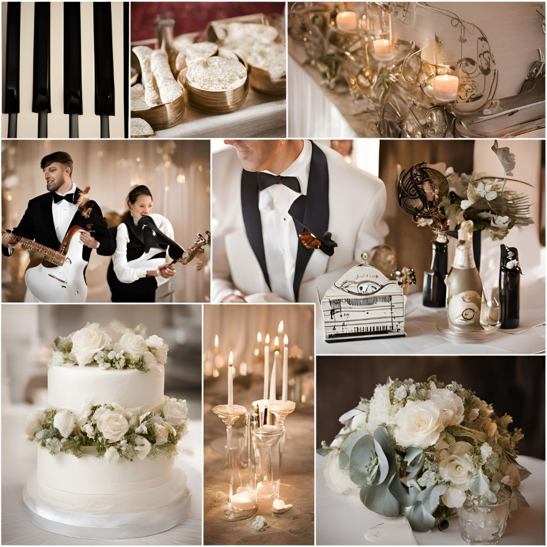 Collage di nozze: tasti del pianoforte, dolci, candele, musicisti, abiti formali, torta, fiori e decorazioni.