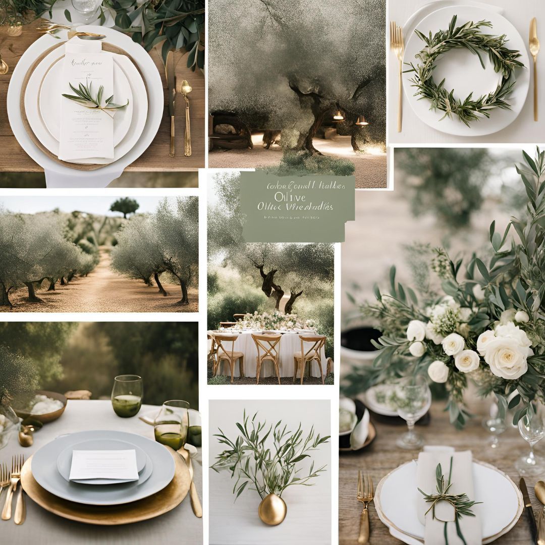 Mood board per matrimonio color verde oliva con tavoli apparecchiati, ulivi e composizioni floreali.