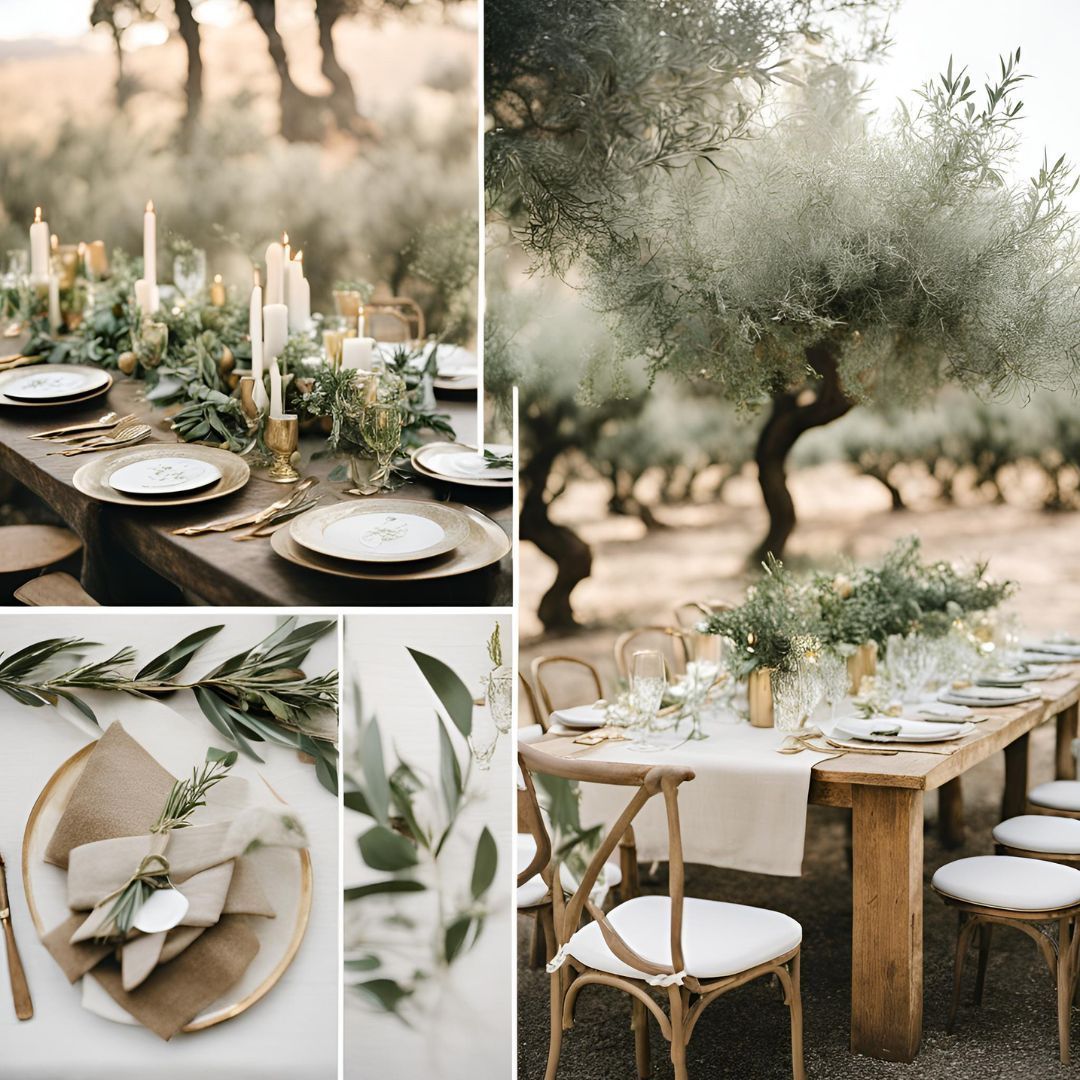 Collage di apparecchiati i tavoli di un matrimonio all'aperto con rami di ulivo, dettagli dorati e un tavolo rustico in legno.