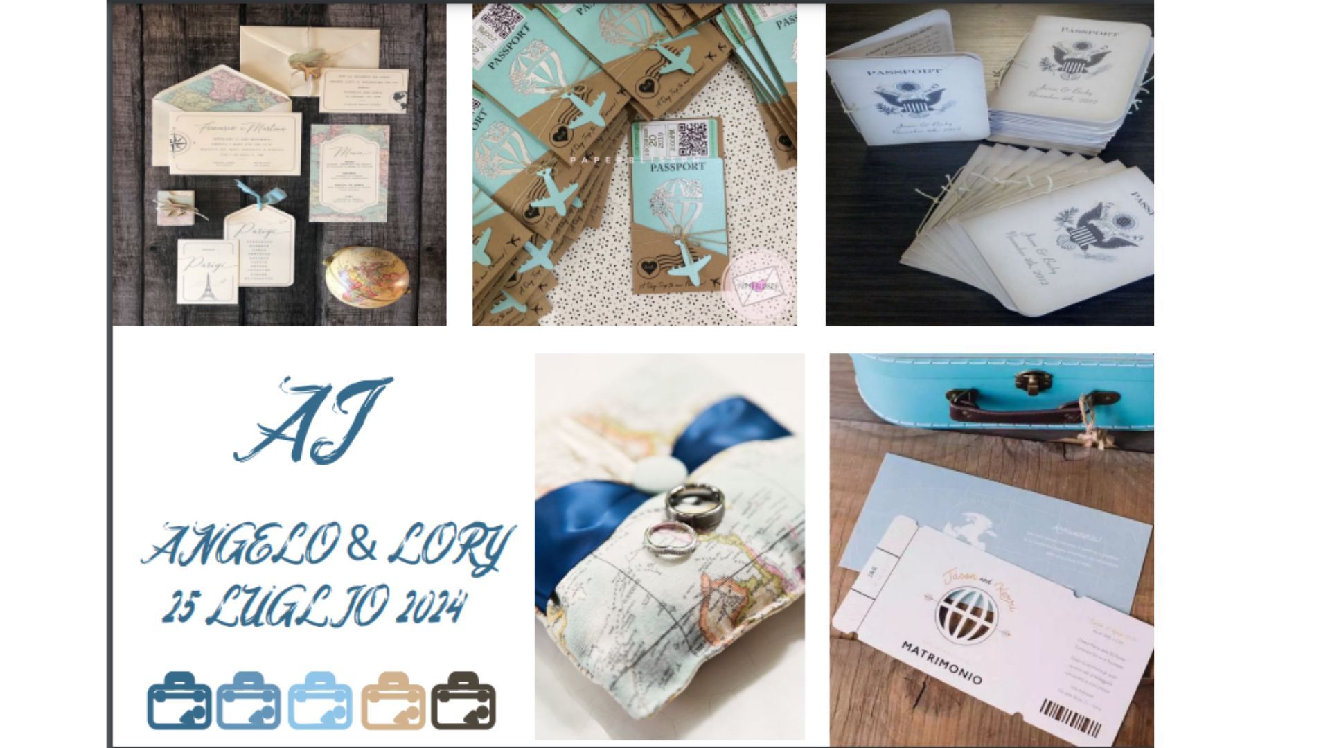 Inviti di nozze a tema viaggio; vari modelli in blu, beige e bianco.