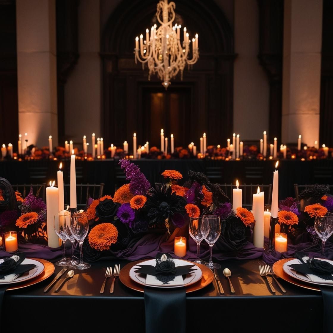 Elegante cena di Halloween: tovaglia nera, fiori arancioni e viola, candele, apparecchiata formale, lampadario decorato.