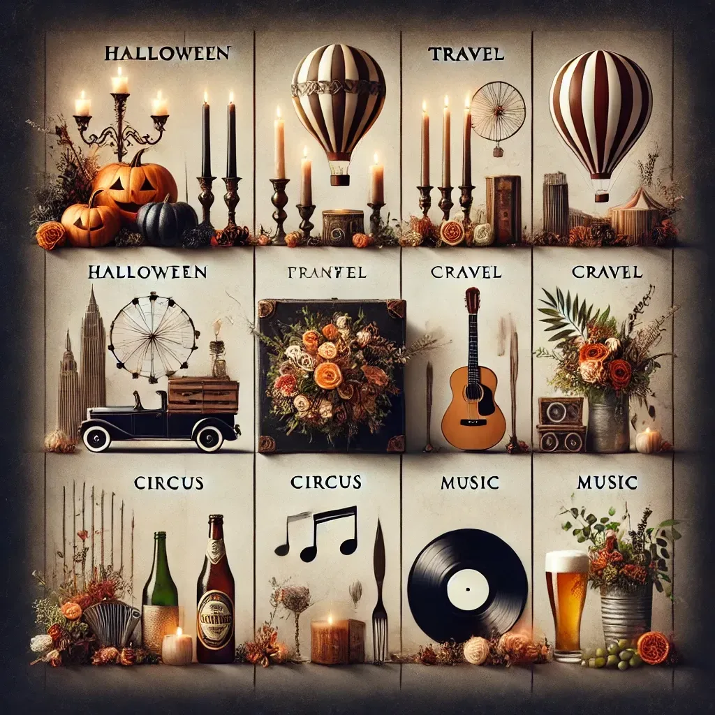 Collage con temi come Halloween, viaggi, circo e musica, con candele, oggetti e opere d'arte.