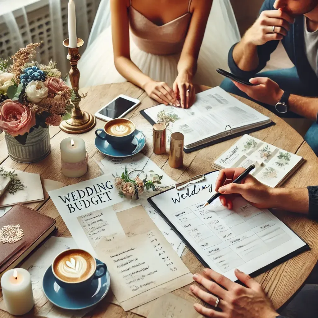Coppia che organizza il matrimonio con fogli di budget, caffè, fiori e candele su un tavolo di legno.