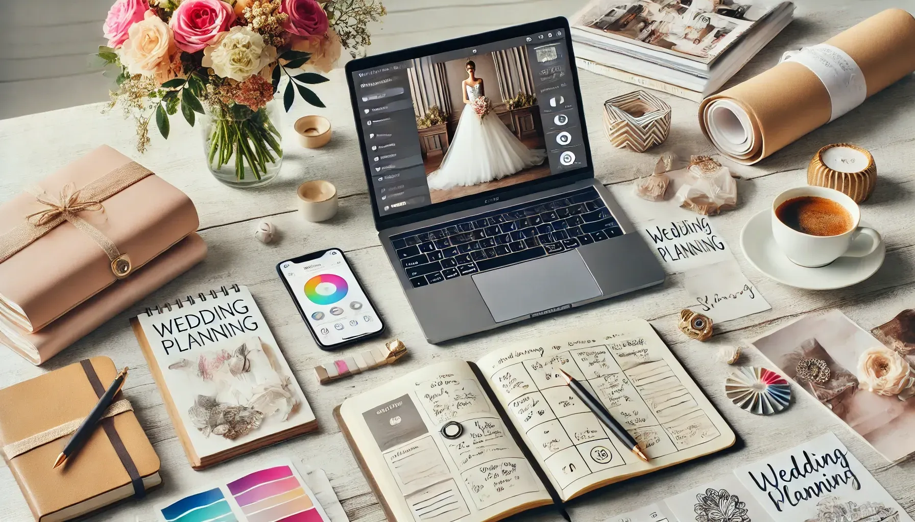 Computer portatile con foto dell'abito da sposa, quaderni, telefono, caffè, composizioni floreali e materiale di pianificazione.