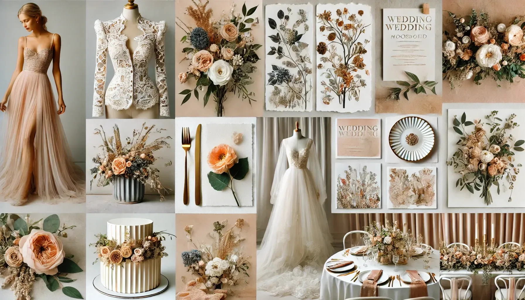 Mood board per matrimoni: abiti, composizioni floreali, inviti, torta, apparecchiatura della tavola in colori neutri e tenui.