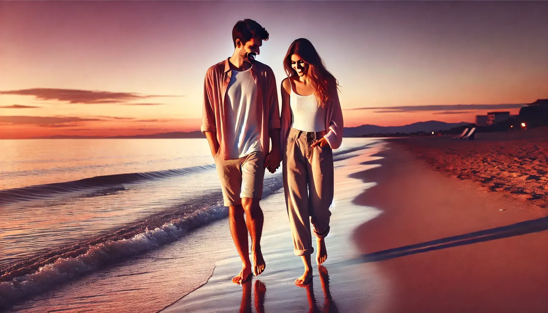 Una coppia cammina a piedi nudi su una spiaggia, tenendosi per mano, al tramonto.