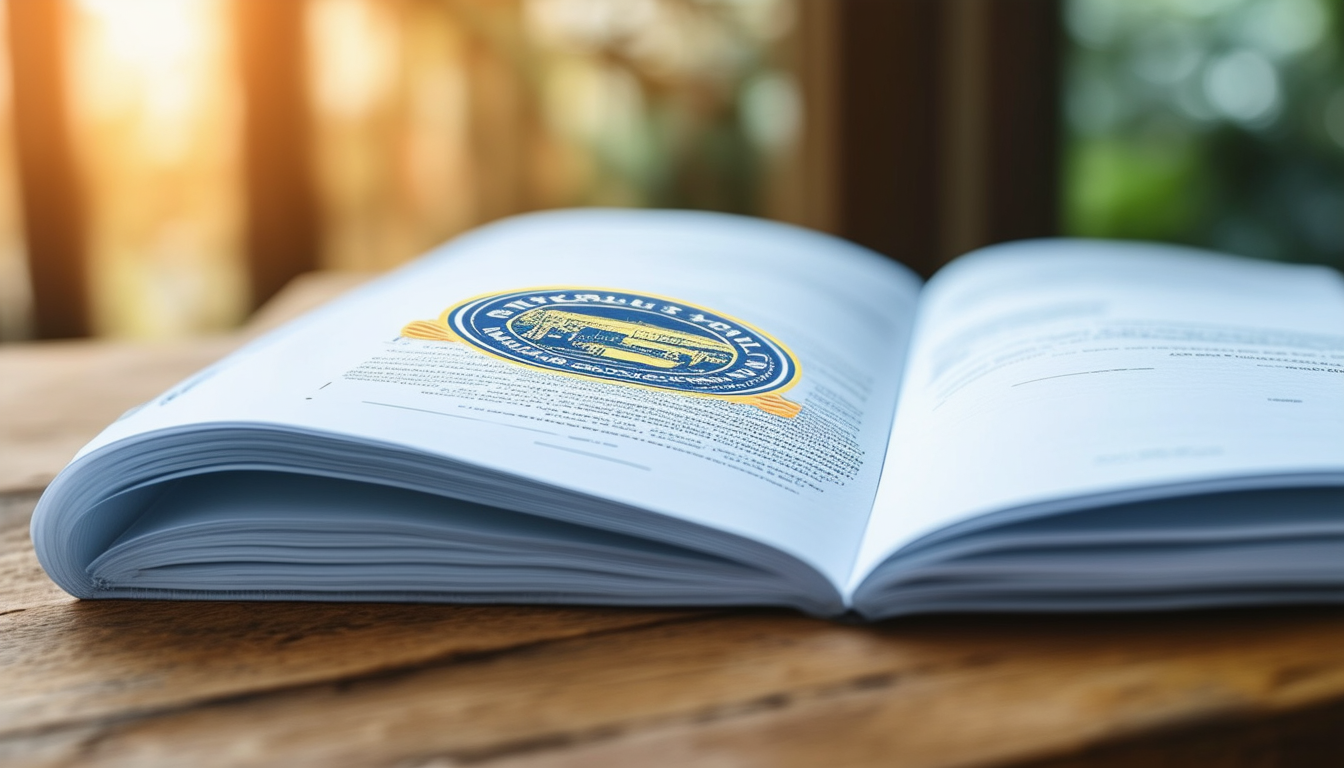 A close up of an open book on a wooden table.