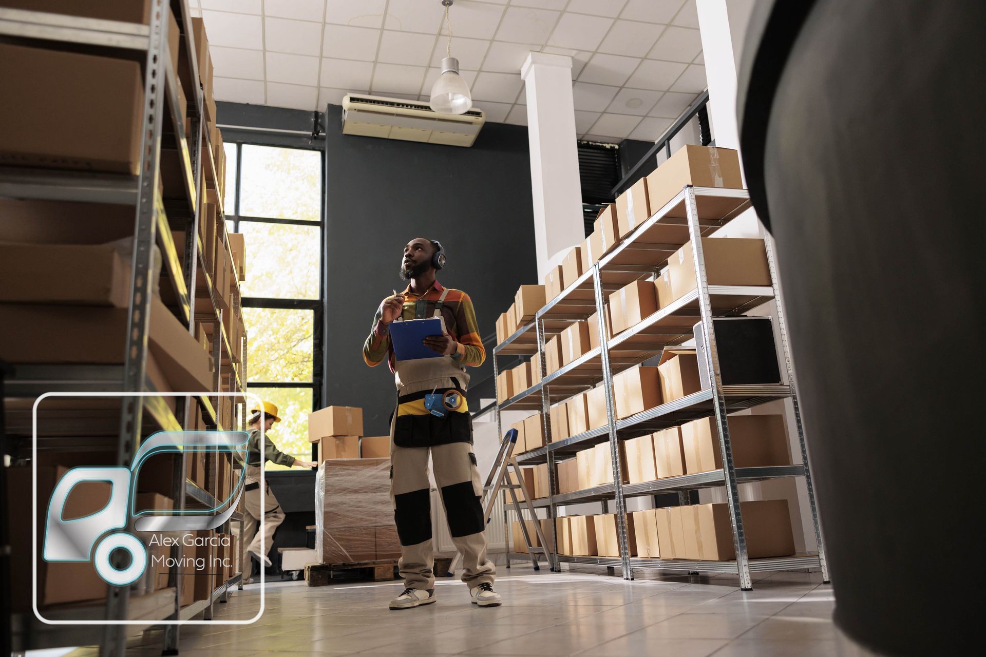 A man is standing in a warehouse holding a clipboard.