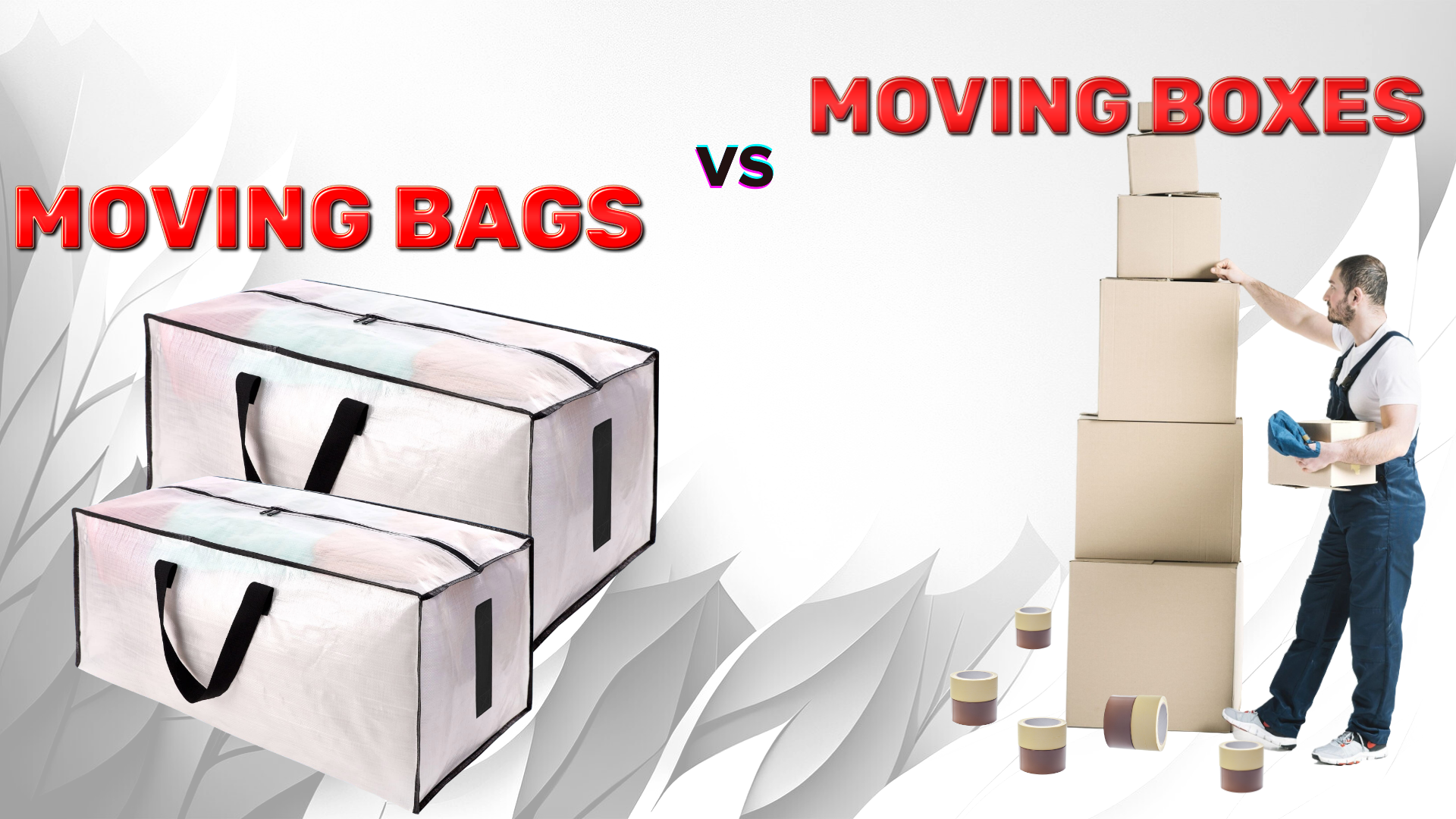 A man is stacking boxes on top of each other next to a moving bag.