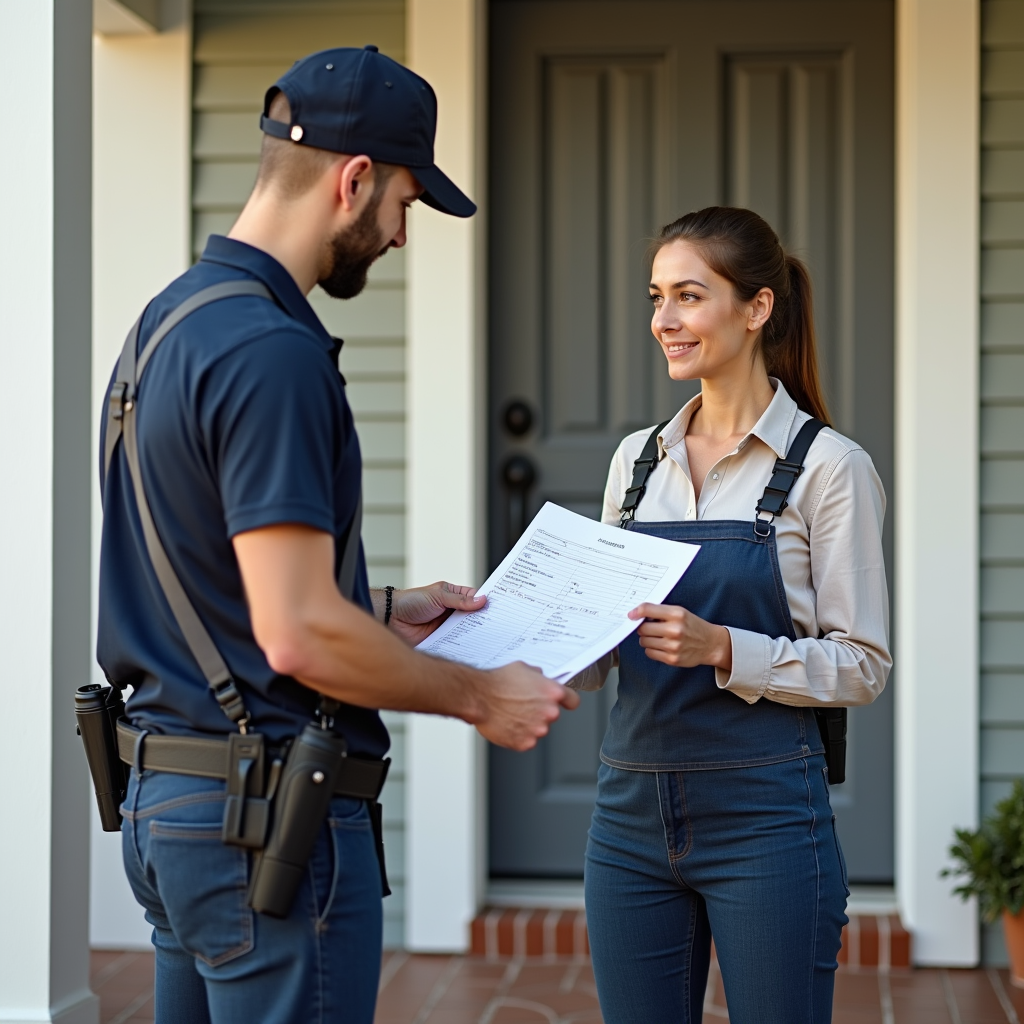 A man is giving a woman a piece of paper in front of a door.