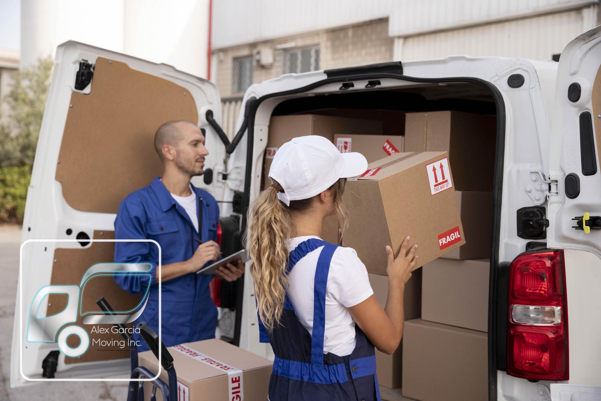 A man and a woman are loading boxes into a van.