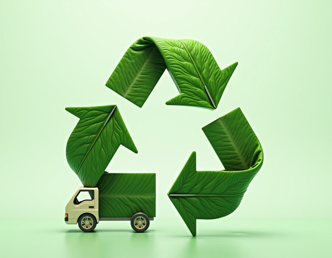 A green truck with a recycling symbol made of green leaves.