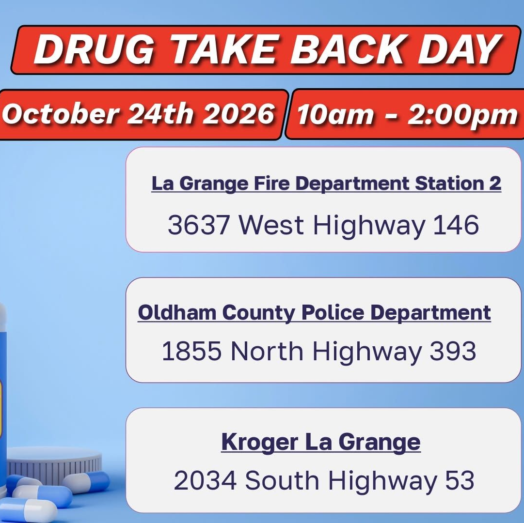 Drug Take Back Day poster with date, time, and drop-off locations in Oldham County, Kentucky
