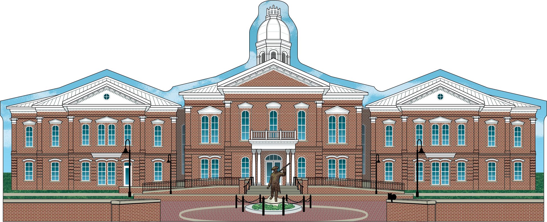 Front view of a red-brick civic building with white columns and a central clock tower