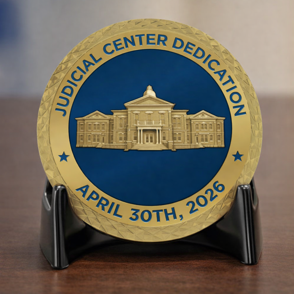 Gold commemorative plaque reading “Judicial Center Dedication” and “April 30th, 2026” on a black stand
