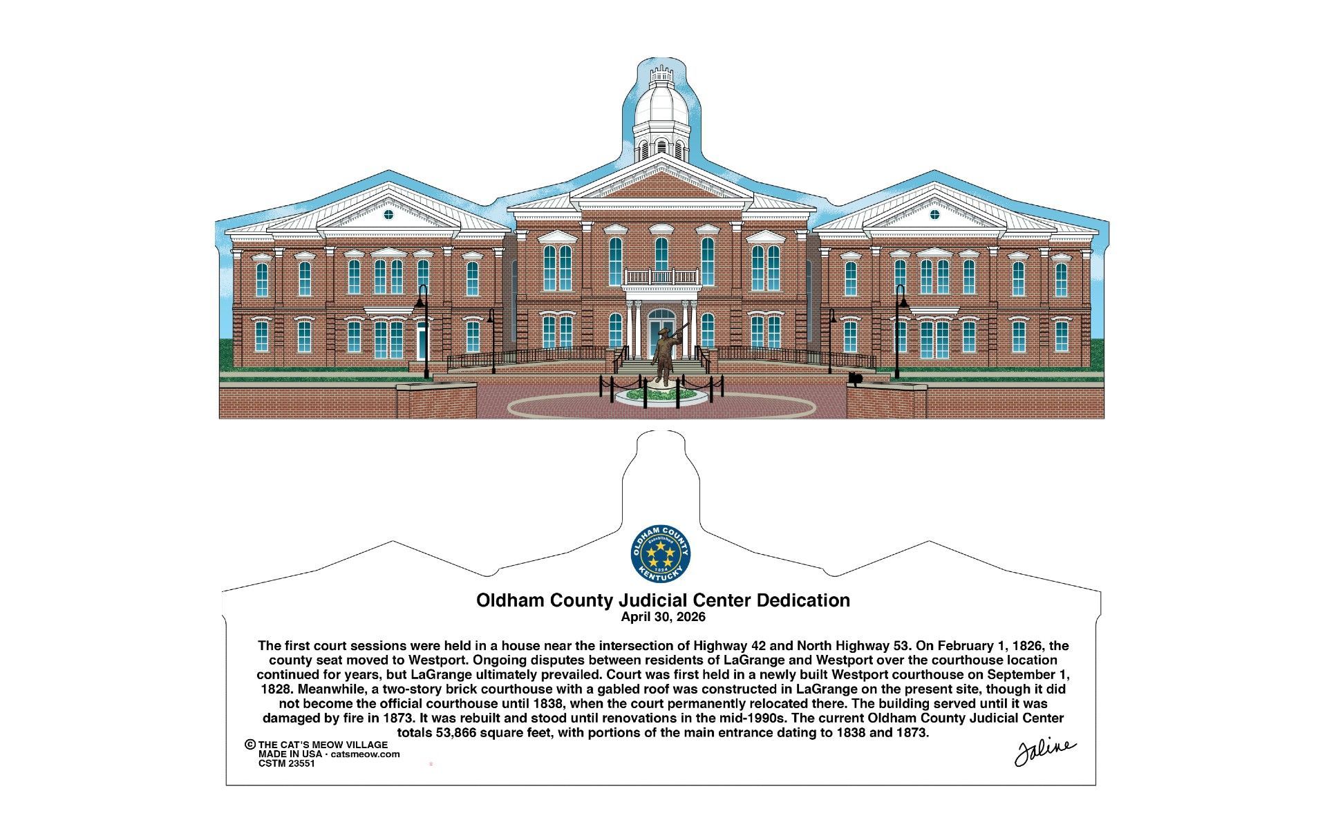 Illustrated red-brick courthouse with central clock tower and a plaque beneath it.