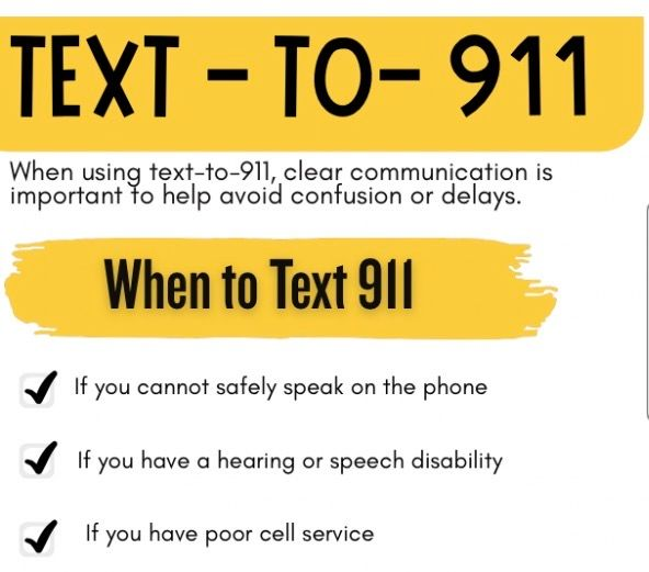 Text to 9-1-1 safety poster with yellow and blue panels and tips for when and how to text 911