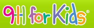 A colorful logo for 911 for kids on a green background