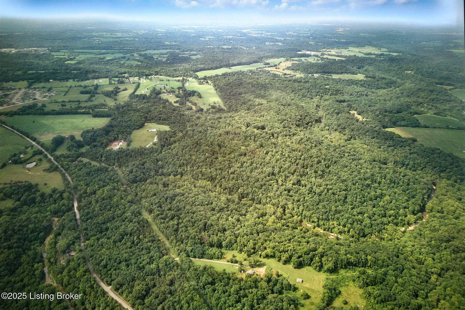 Aerial view of a vast green forest with scattered fields and a hazy horizon