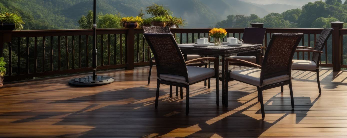 There is a table and chairs on the deck with a view of the mountains.