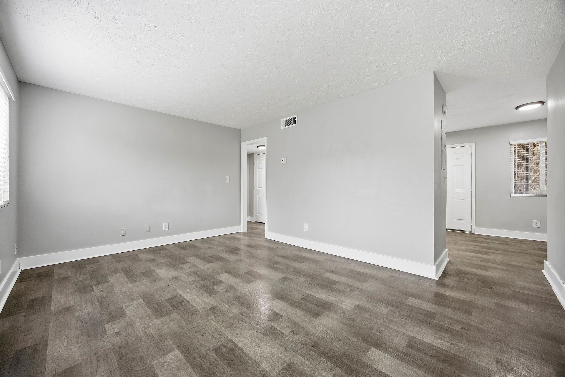 Empty gray living room with wood-look flooring and white trim, viewed toward a hallway and doorway