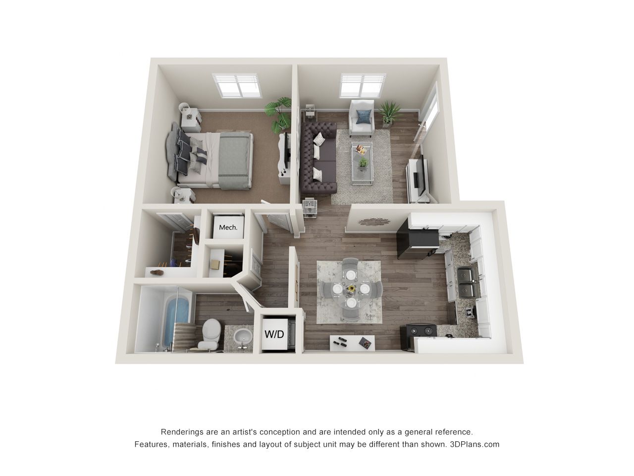 3D floor plan of a compact apartment with bedroom, bathroom, kitchen, and living area