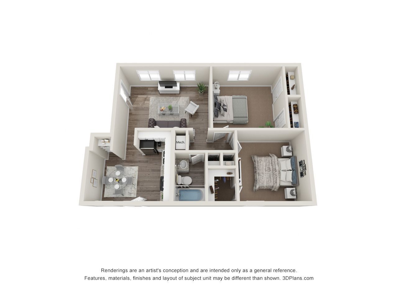 Top-down view of a small apartment floor plan with kitchen, living area, bedroom, bathroom, and balcony.