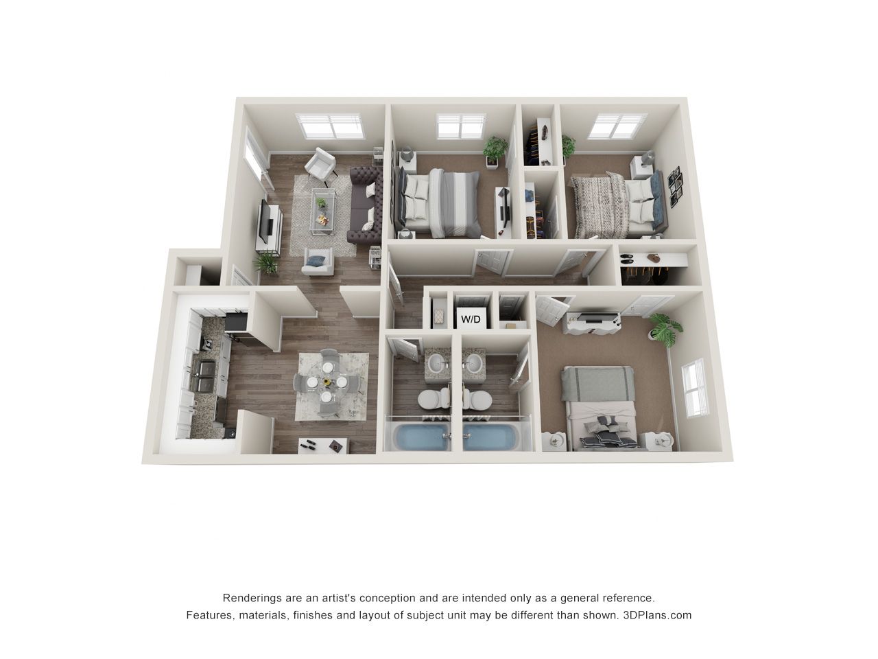 3D floor plan of a small apartment with living, kitchen, bedrooms, and bathroom spaces