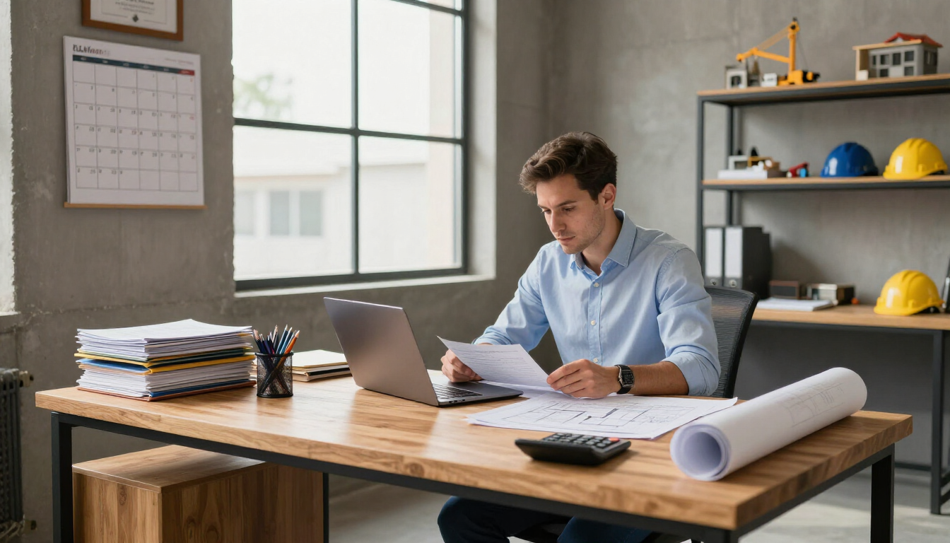 Man working at a desk with a laptop, paperwork, and hard hats in a bright office or workshop space