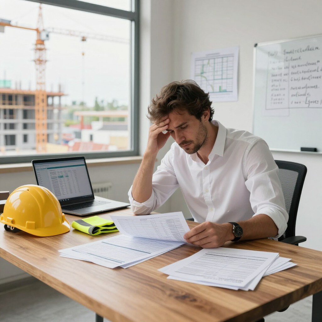 Man reviewing documents at a desk with a laptop and yellow hard hat in a bright office with construction view