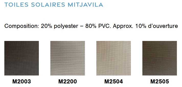 Échantillons de tissu: marron foncé (M2003), gris (M2200), beige (M2504), marron (M2505). Composition: 20% polyester, 80% PVC, 10% ajouré.