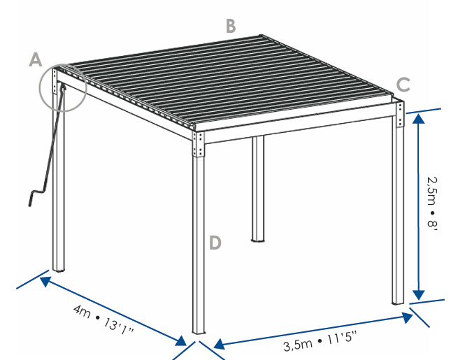 Pergola avec un toit gris, quatre pieds et une manivelle sur le c&ocirc;t&eacute; ; dimensions de 4 m x 3,5 m, hauteur de 2,5 m.