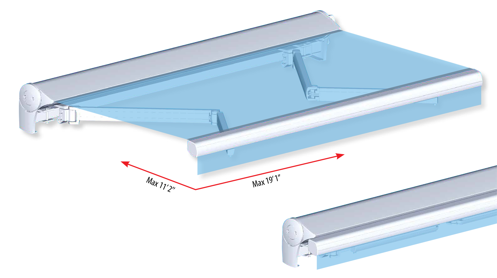 Store banne r&eacute;tractable bleu, partiellement d&eacute;ploy&eacute;, avec cadre en aluminium.