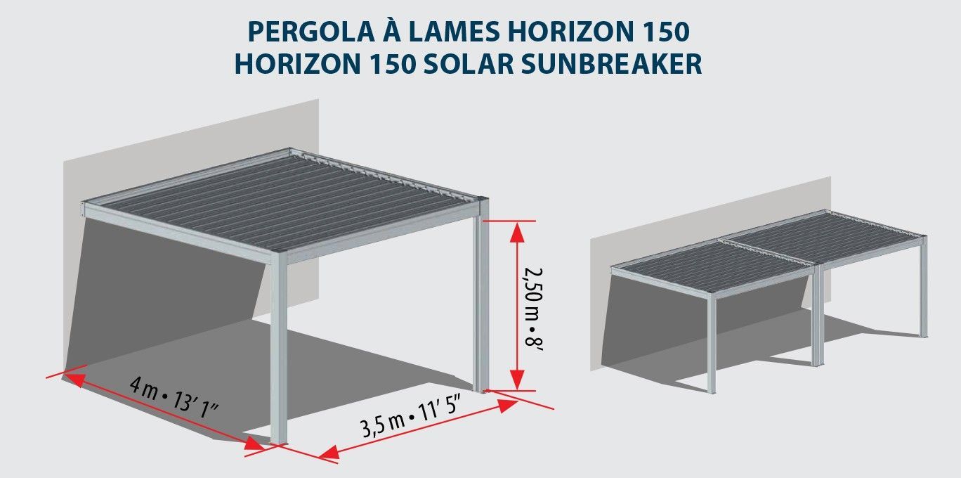 Sch&eacute;ma d'une pergola avec dimensions indiqu&eacute;es, adoss&eacute;e &agrave; un mur. Elle poss&egrave;de une toiture &agrave; claire-voie et des poteaux de soutien.