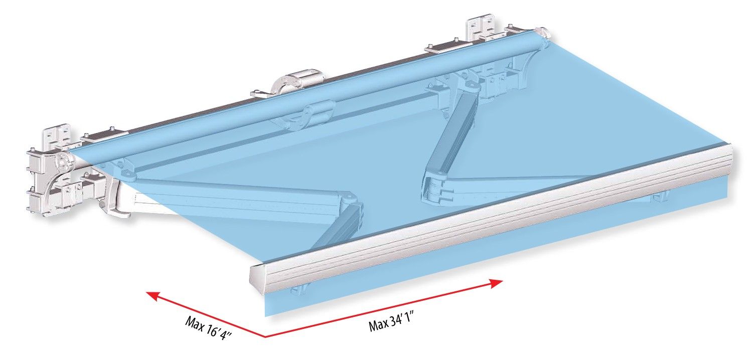 Auvent r&eacute;tractable bleu se d&eacute;ployant &agrave; partir d'une structure de montage blanche. Dimensions indiqu&eacute;es: Max 10 pi, 16 pi.