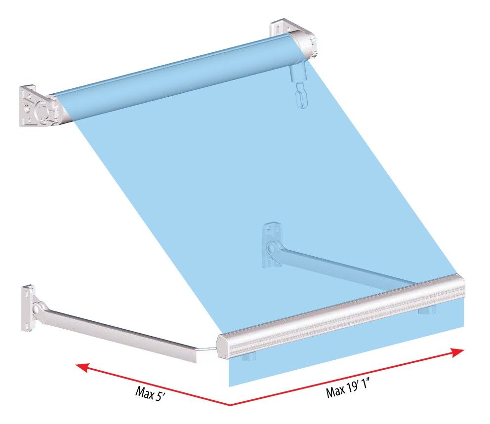 Store banne r&eacute;tractable bleu d&eacute;ploy&eacute;, fix&eacute; sur un mur blanc, avec dimensions indiqu&eacute;es.