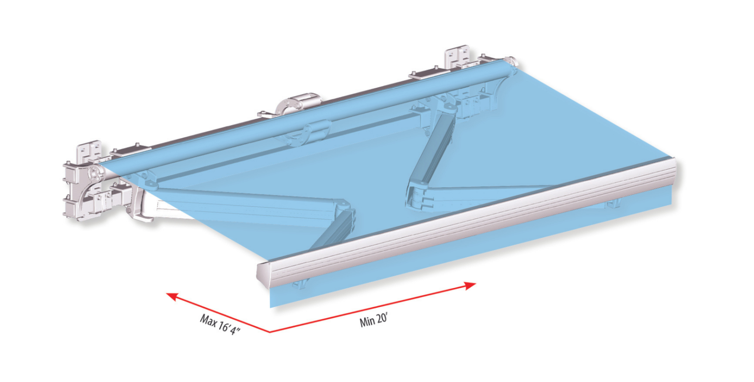 Store banne r&eacute;tractable bleu, d&eacute;ploy&eacute;. Il est recouvert d'une toile bleu clair et est fix&eacute; sur un b&acirc;timent.