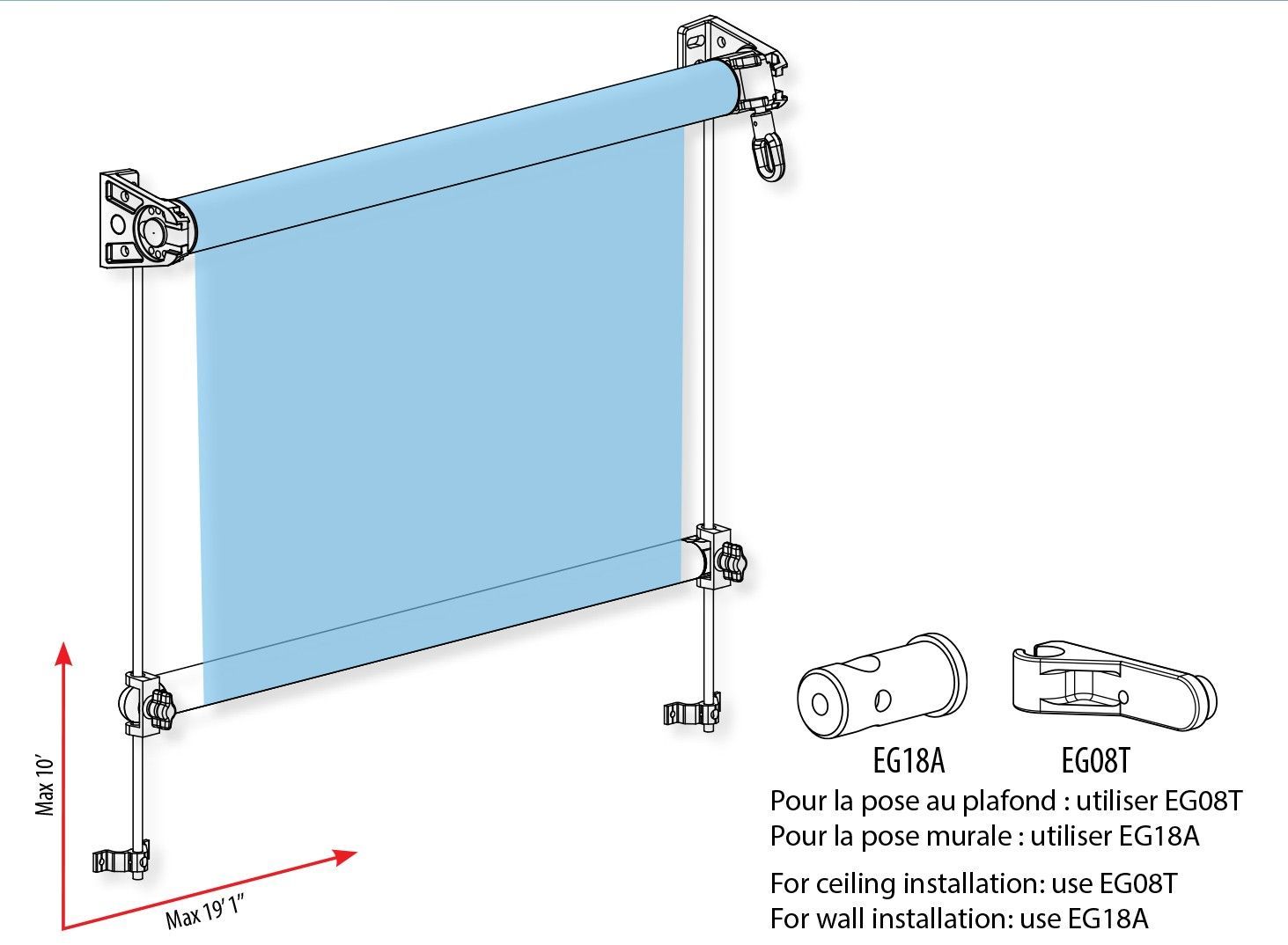 Schéma d'un abat-jour bleu avec les éléments de fixation pour une installation au plafond ou au mur.