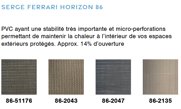 Échantillons de tissu Serge Ferrari Horizon 86: quatre nuances de tissu texturé avec 14% d’ouverture.