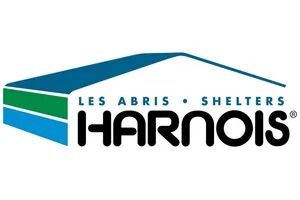 Logo pour Harnois Shelters : Un abri représenté en bleu et vert avec le nom de l’entreprise en caractères noirs gras.