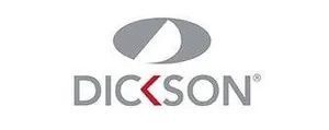 Logo Dickson : ovale gris avec découpe blanche au-dessus d’un texte gris, orné d’un chevron rouge.