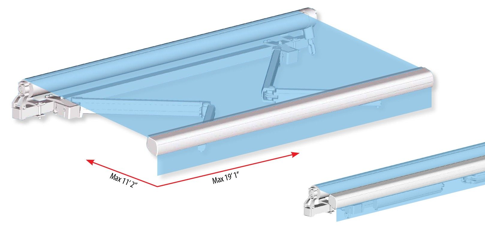 Store banne r&eacute;tractable bleu, avec bras et dimensions indiqu&eacute;s.