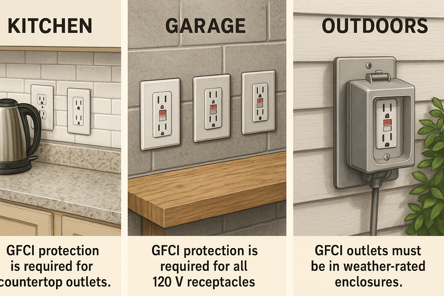 Illustration showing GFCI outlet requirements in three locations: kitchen countertops, garage receptacles, and outdoor weather-rated enclosures.