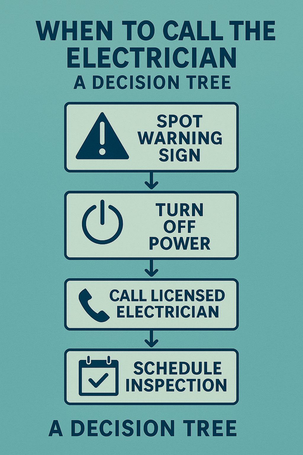 Alt text: Decision tree infographic titled “When to Call the Electrician: A Decision Tree,” showing sequential steps: spot warning sign, turn off power, call licensed electrician, schedule inspection.