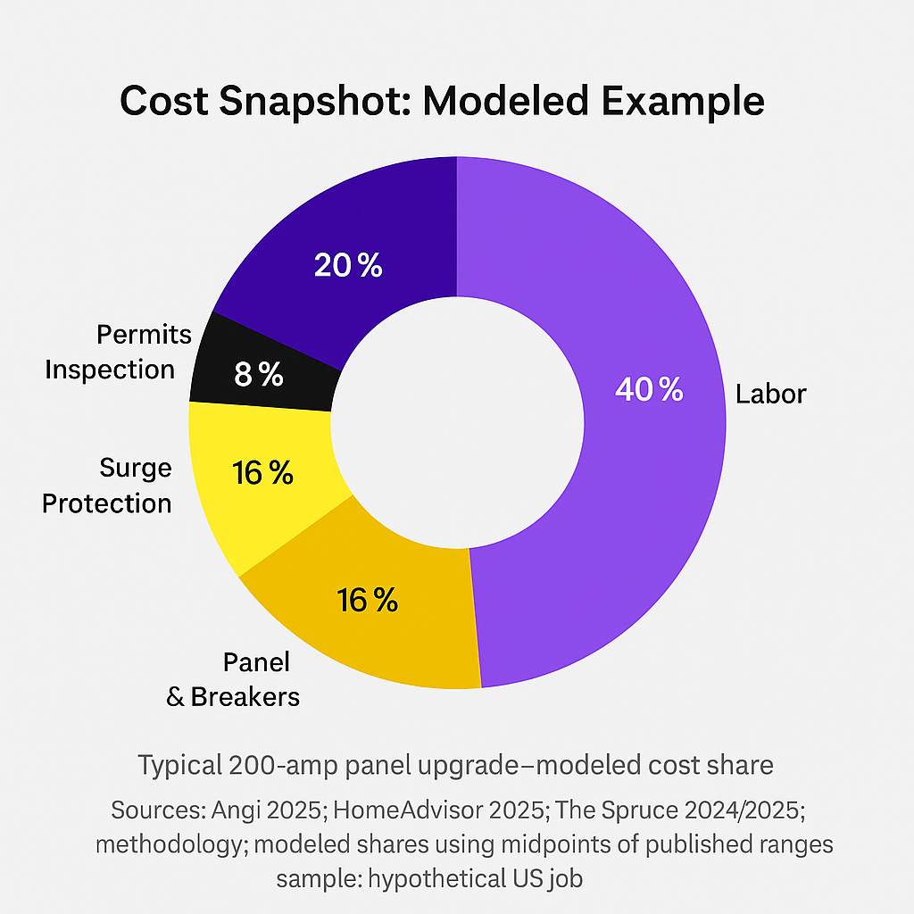 Donut chart showing cost breakdown for a 200-amp electrical panel upgrade with labor at 40%.